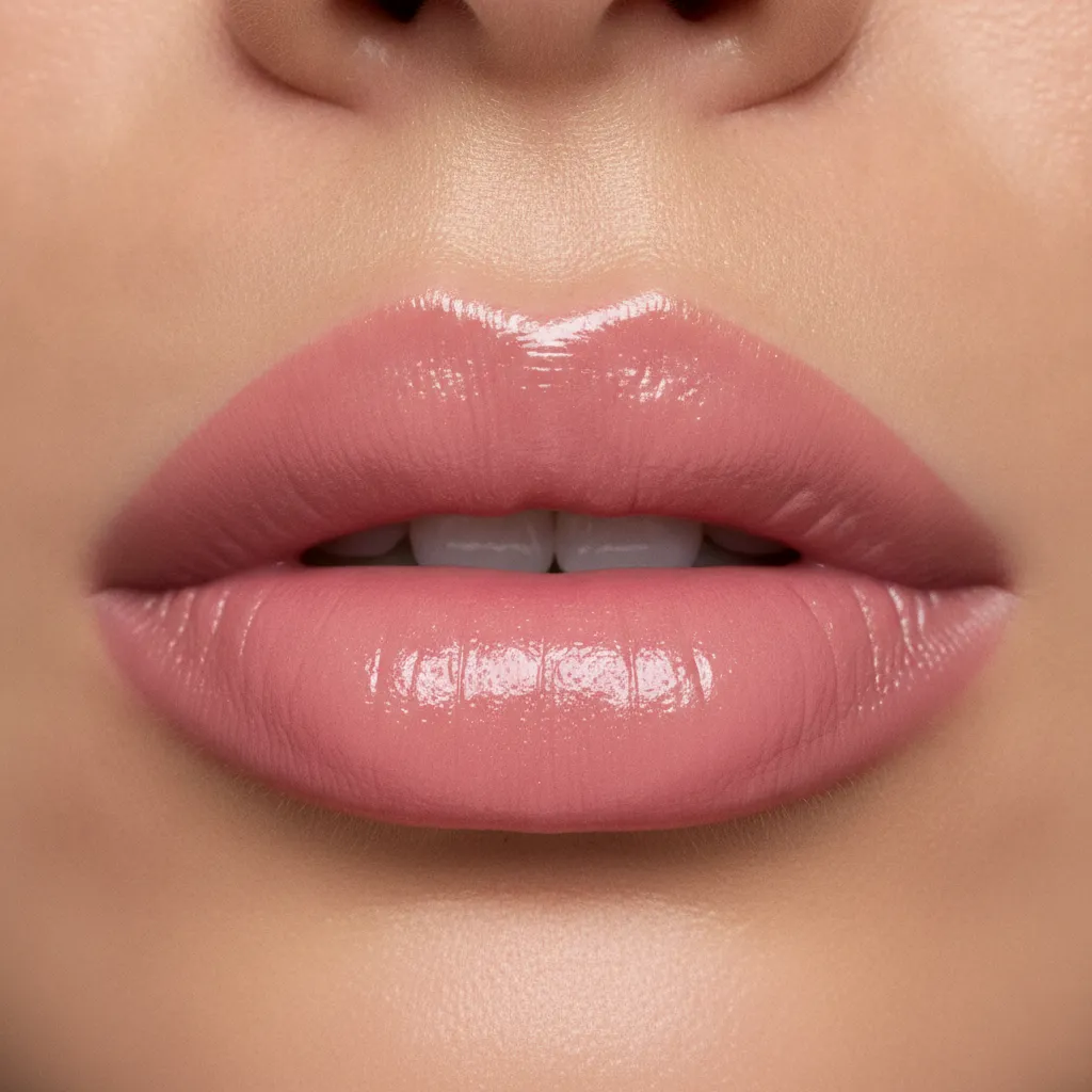 Glossy pink nude lips for an everyday celebrity makeup look