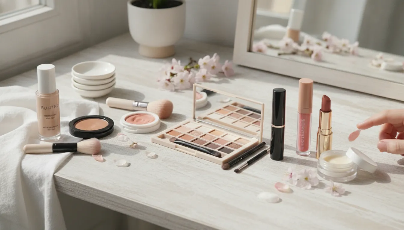 Step by step spring makeup routine on a clean vanity