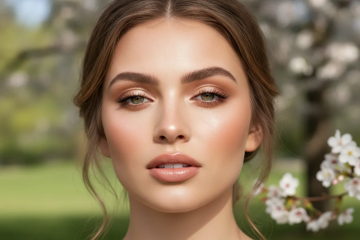 Finished soft glam spring makeup with nude glossy lips