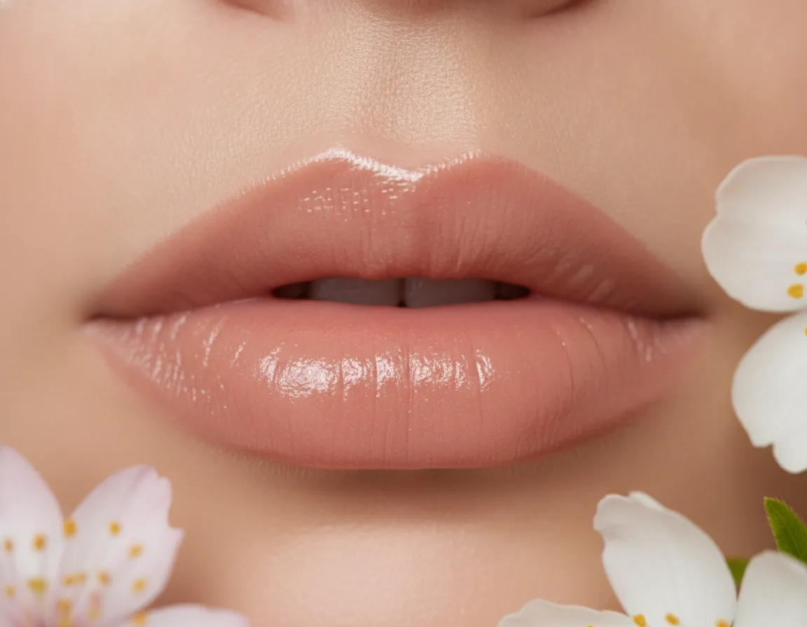 Nude lined lips with a glossy balm finish