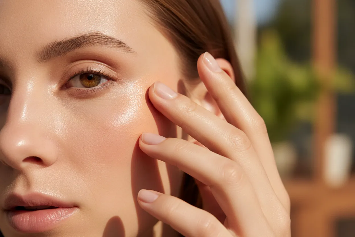 Peach cream blush placed high on the cheek