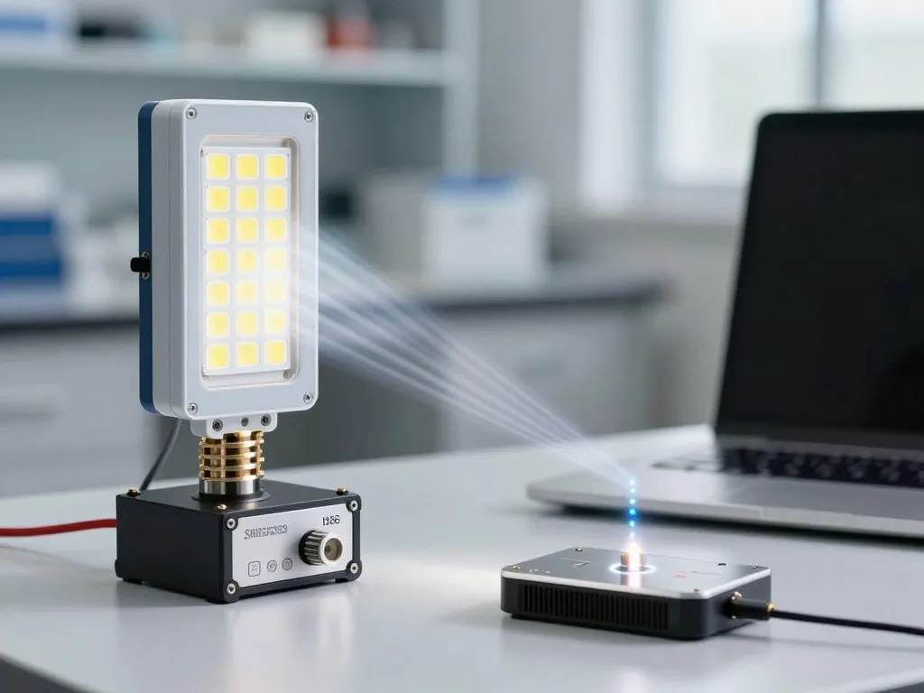 Visible light communication receiver beneath an LED fixture