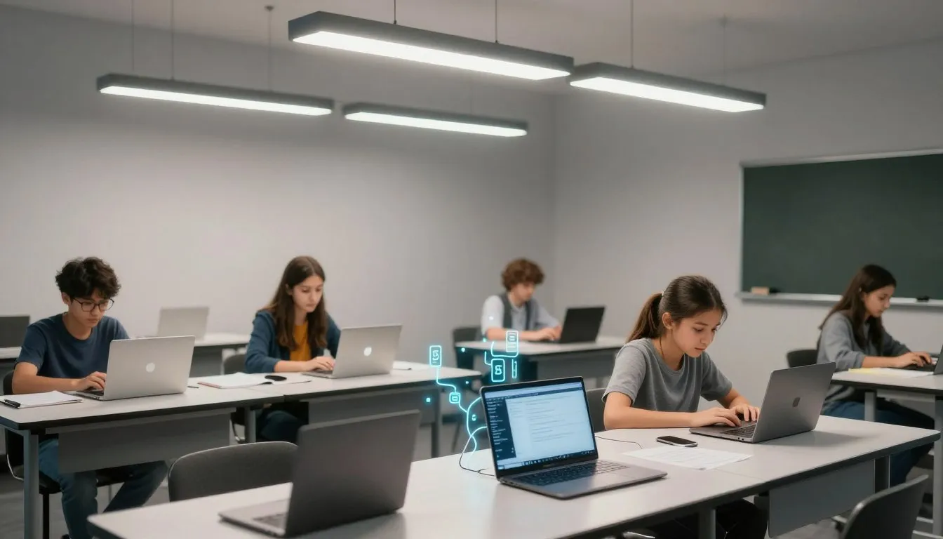 Li-Fi network covering desks in a modern classroom