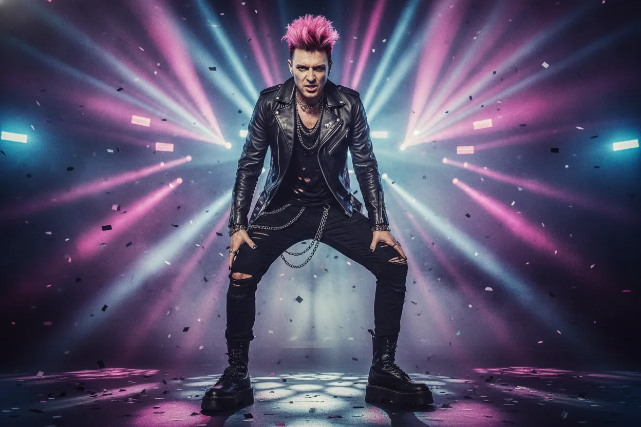 Machine Gun Kelly pop punk fashion with pink hair leather jacket and boots