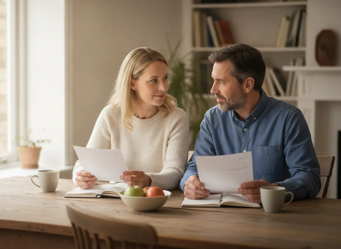 Couple discussing finances with paperwork at home