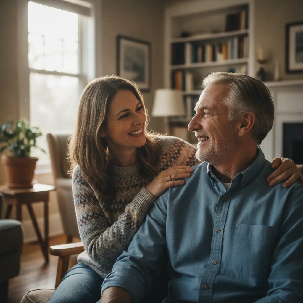 Adult couple smiling during an honest conversation
