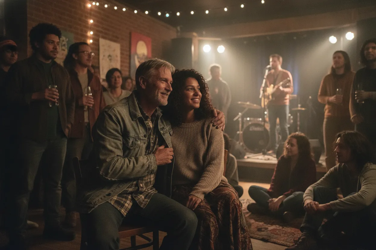Older man and younger woman attending a music performance