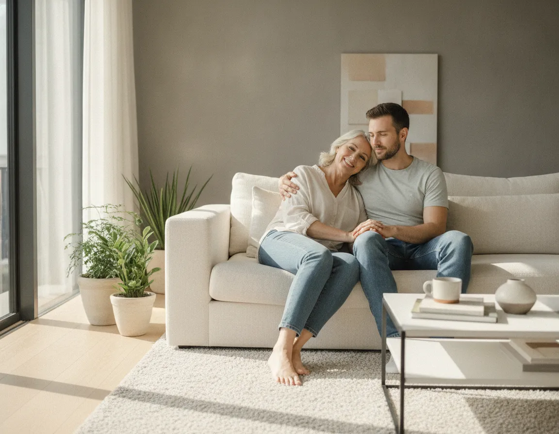 Adult couple sitting together in a calm home setting