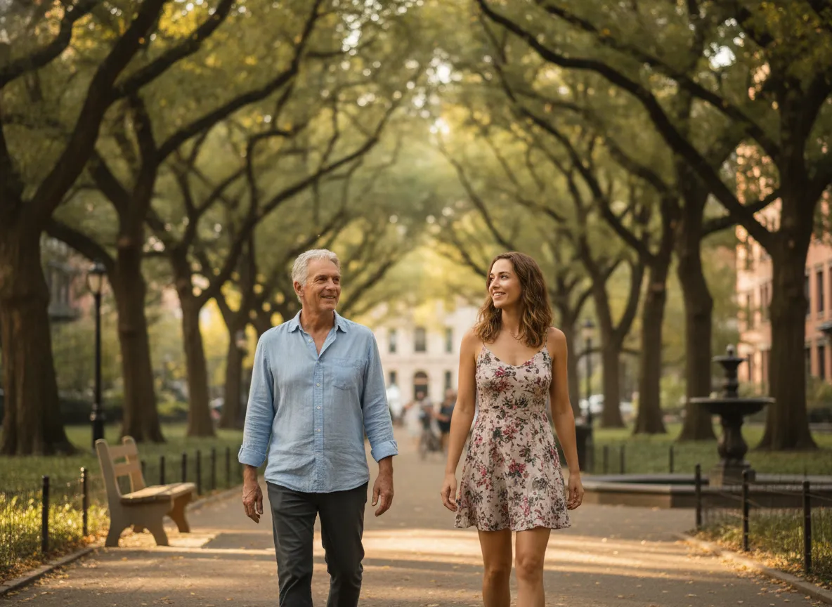 Older man and younger woman walking in a city park