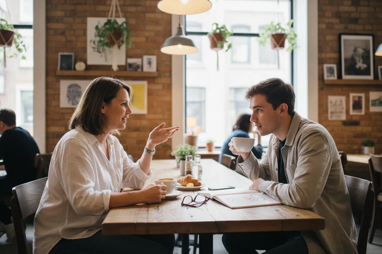 Couple sharing coffee while discussing personal goals