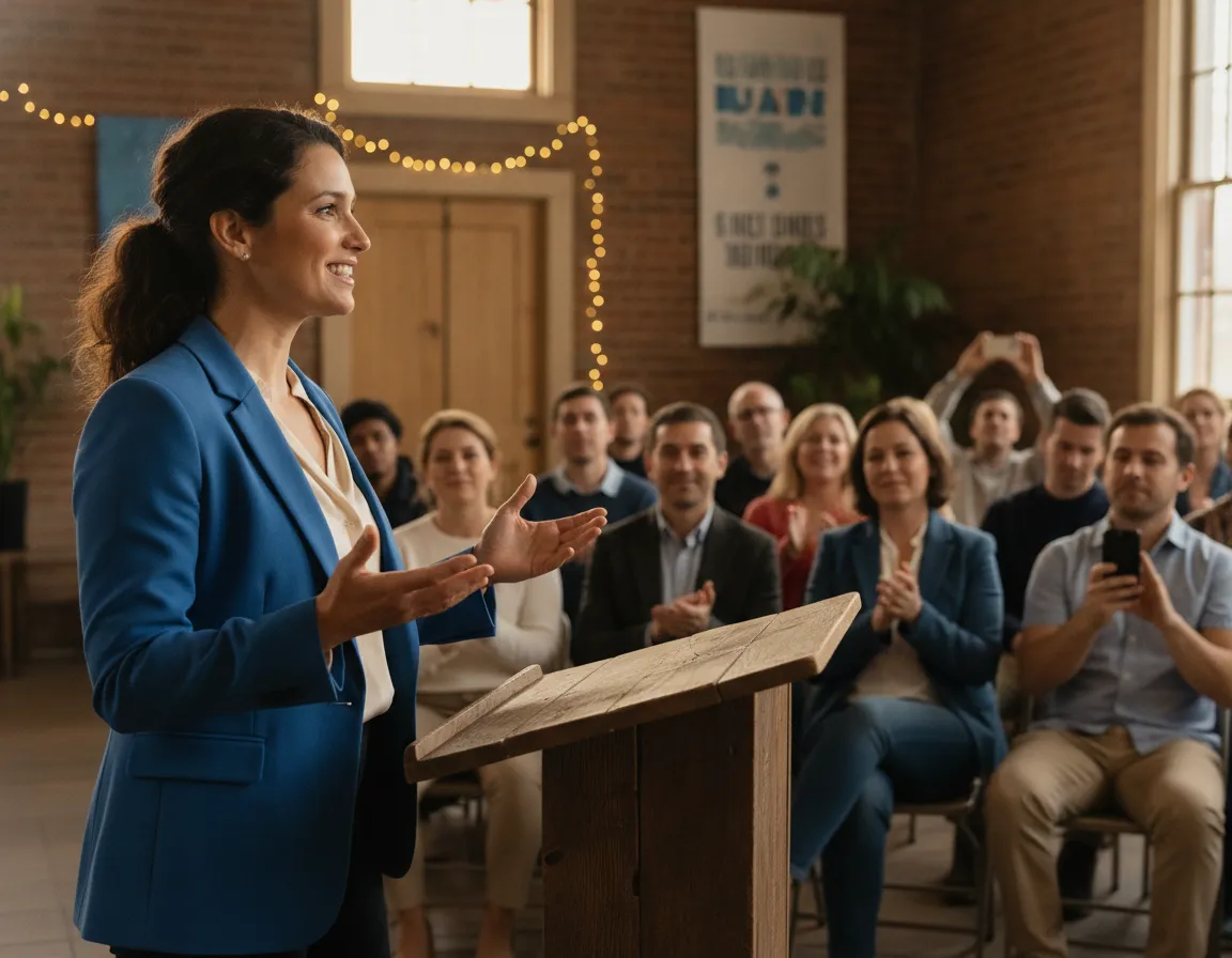 Adult woman confidently speaking at a community event