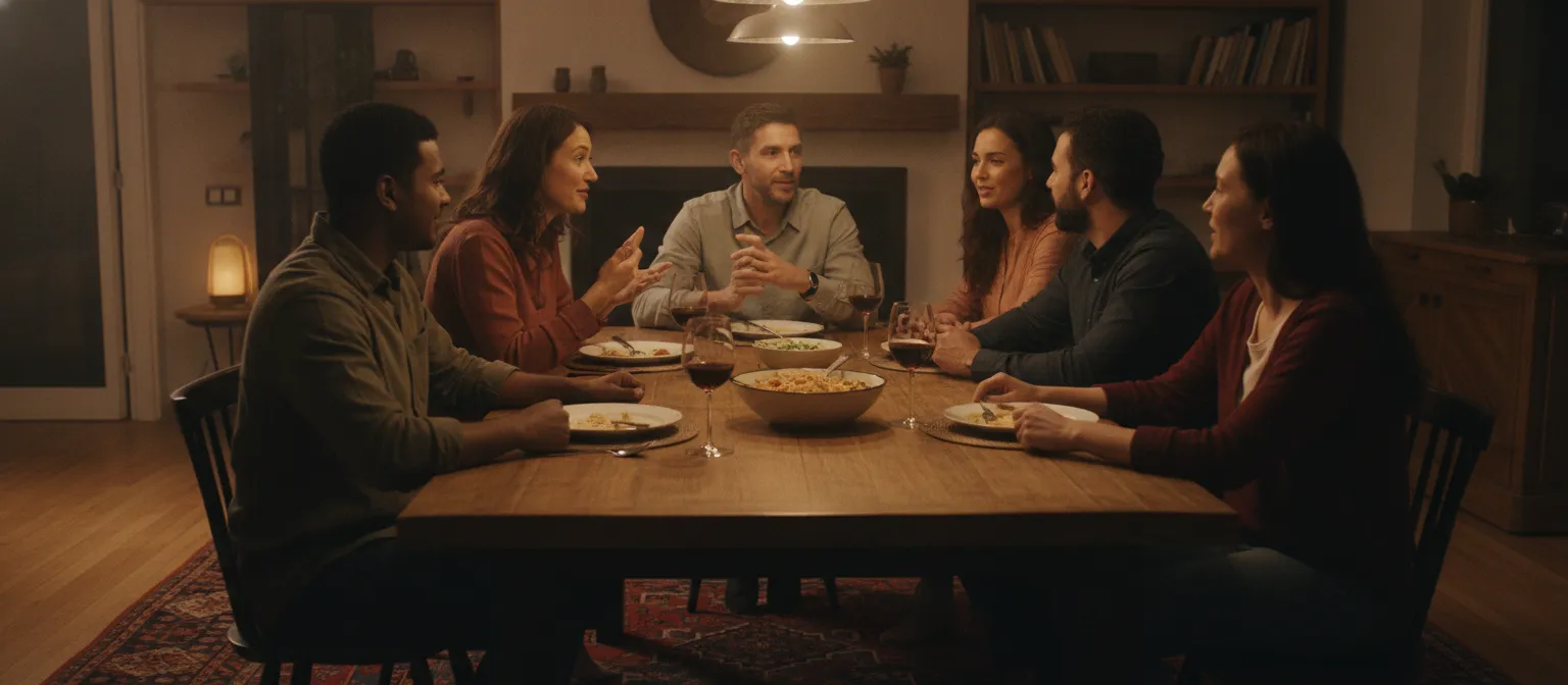 Friends discussing relationships at a dinner table