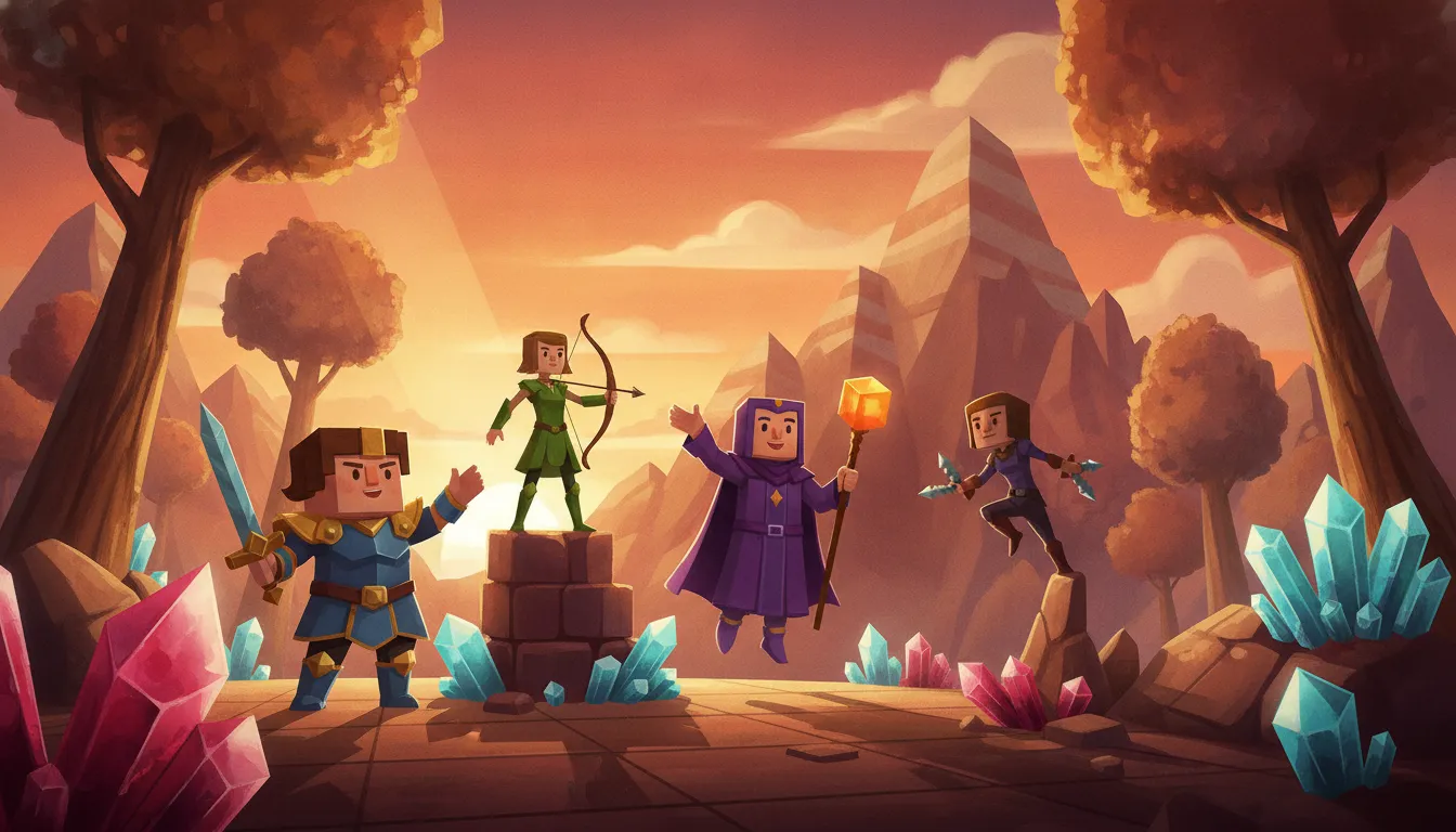A Minecraft Movie characters standing in a colorful cubic landscape