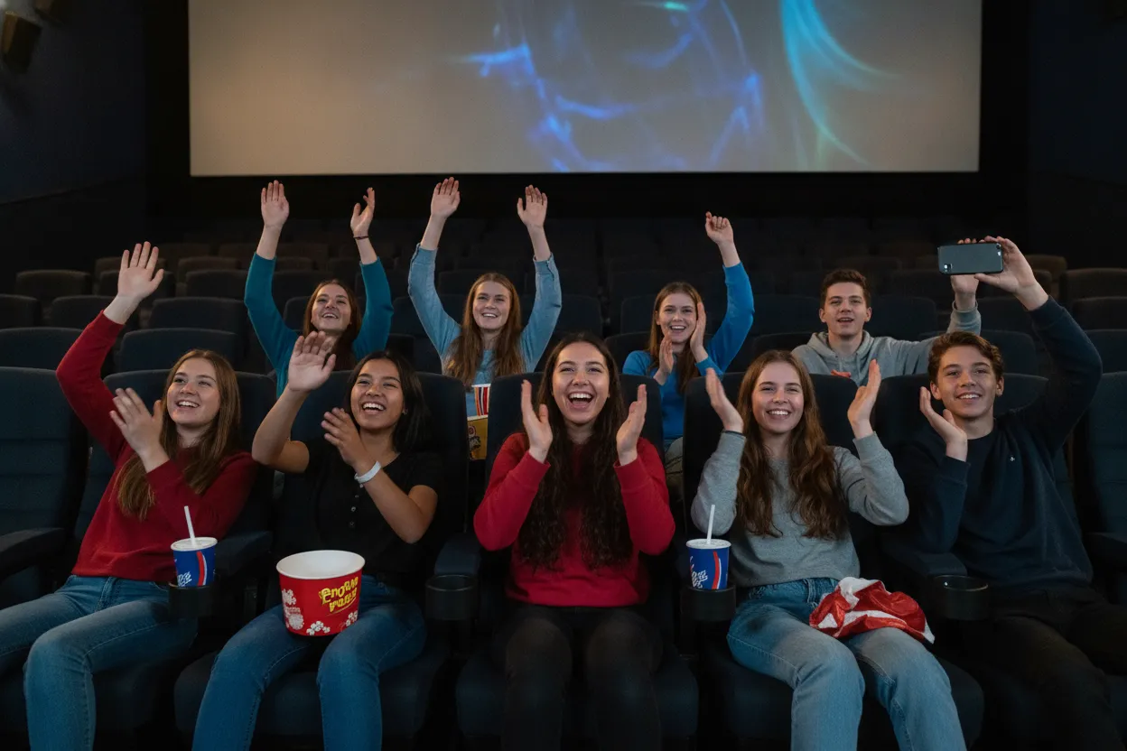 Young moviegoers reacting excitedly during a fantasy film screening
