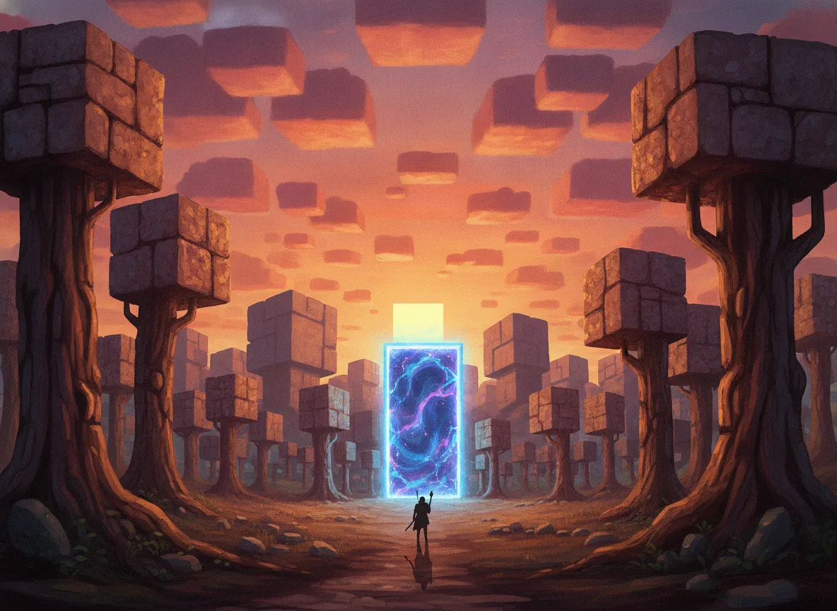 A glowing portal opening in a cubic Minecraft-inspired forest