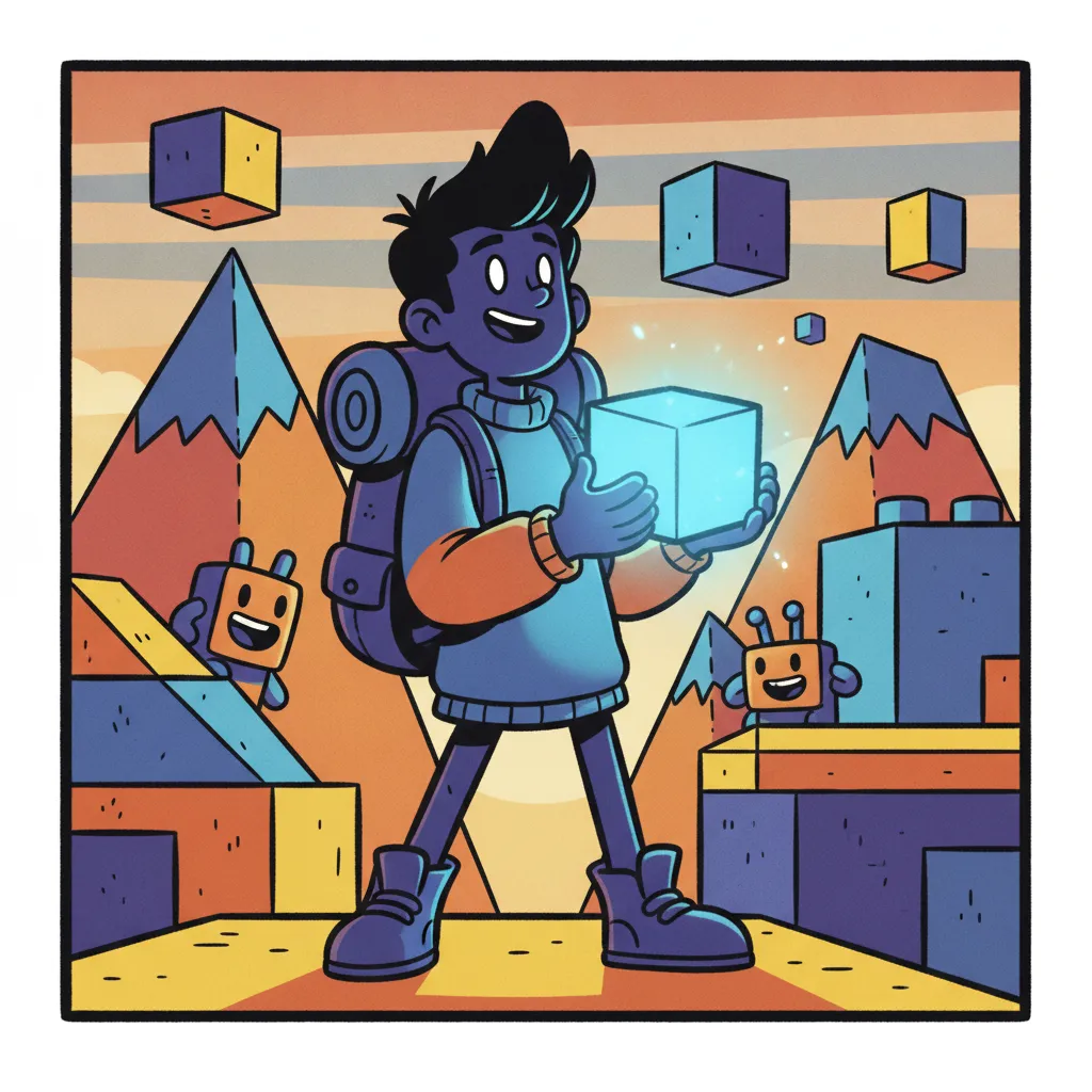 Square social media style image showing a playful cubic movie character