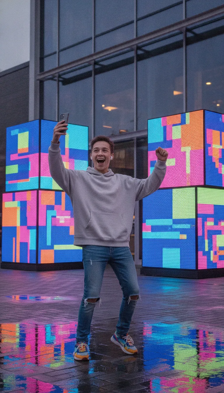 Teen fan recording a reaction to a colorful fantasy movie on a smartphone