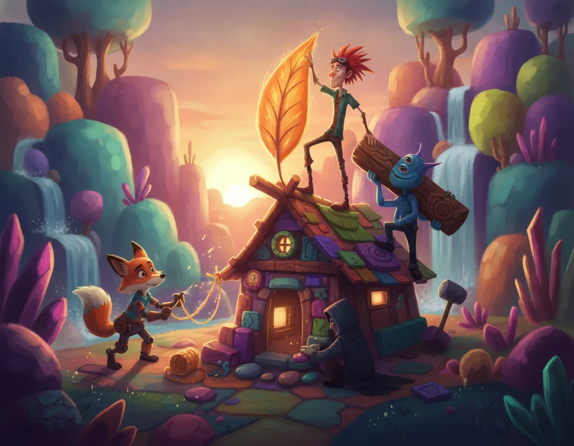 Four fantasy misfits building shelter together in a cubic wilderness