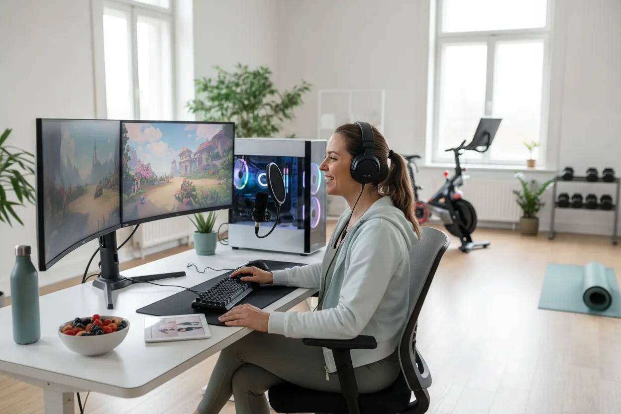 Female gamer combining streaming and fitness lifestyle content