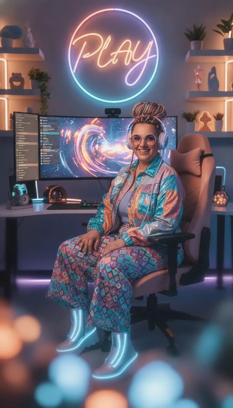 Creative female streamer wearing a colorful original streaming look
