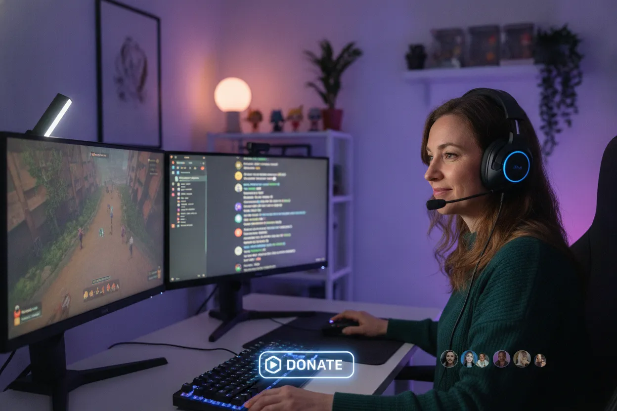 Female streamer speaking with viewers during a live gaming broadcast