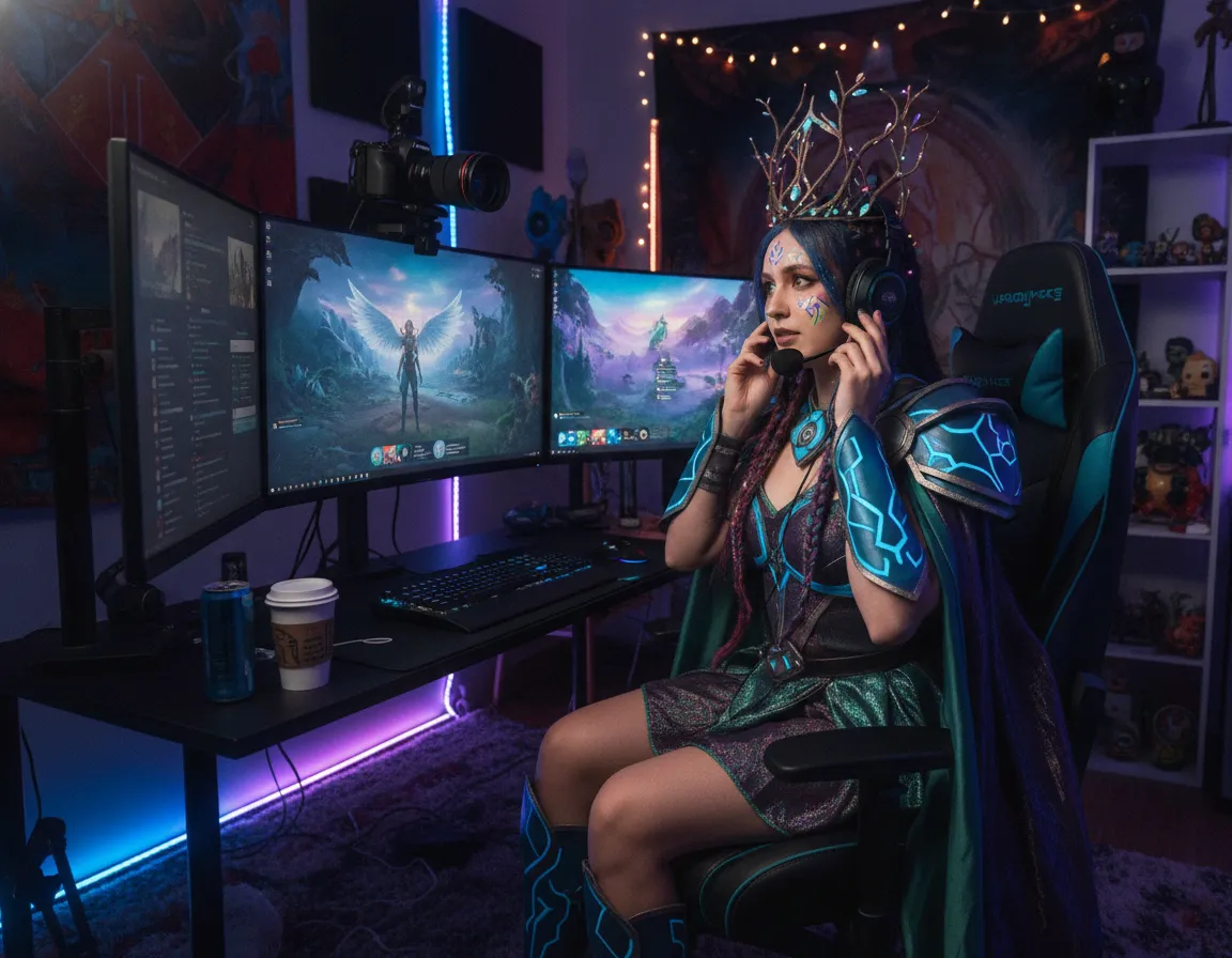 Cosplay streamer preparing a colorful live broadcast