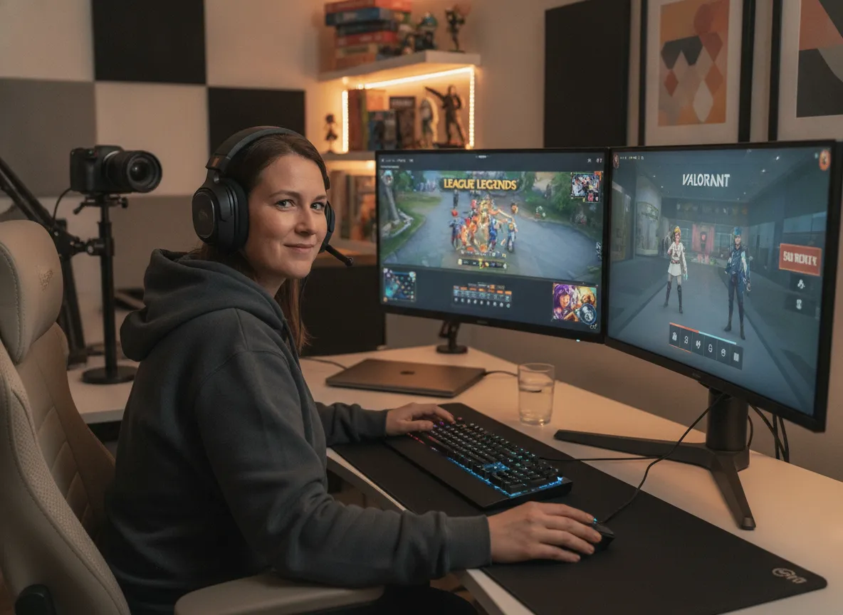 Female League of Legends and Valorant streamer at a gaming desk