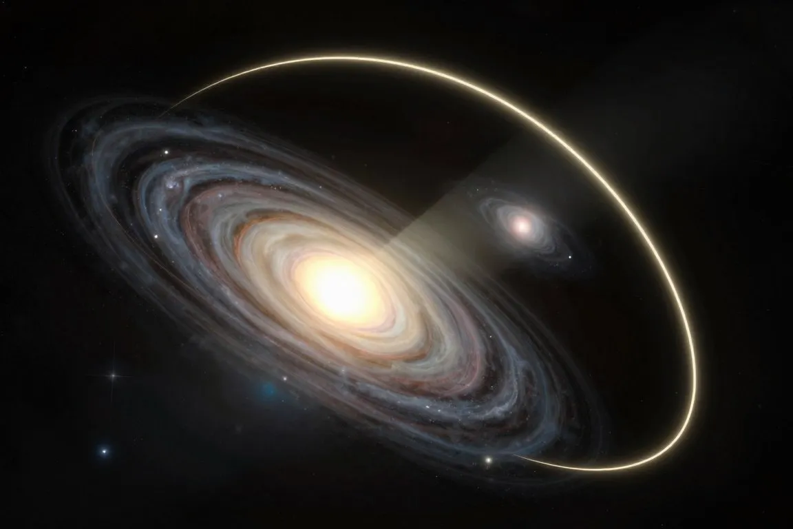 Distant galaxy light bent by gravitational lensing