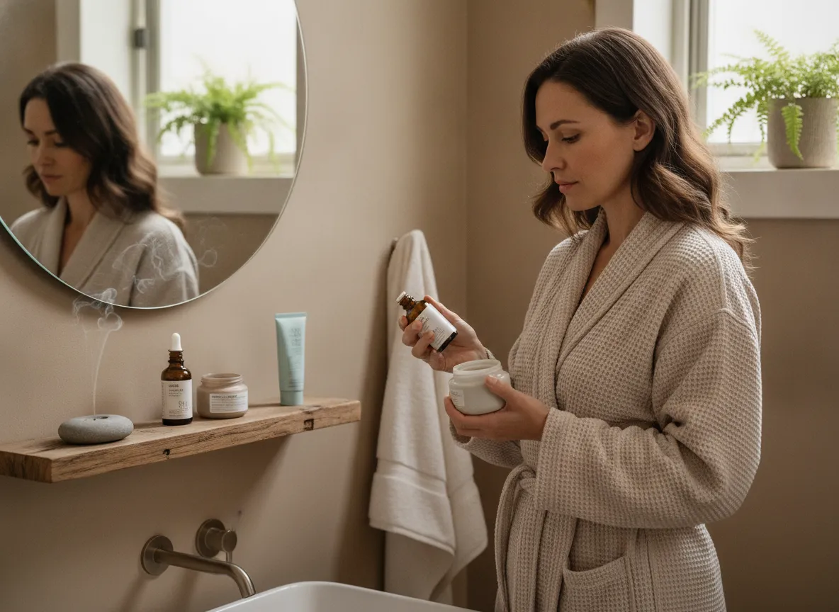 Person choosing between skincare products thoughtfully