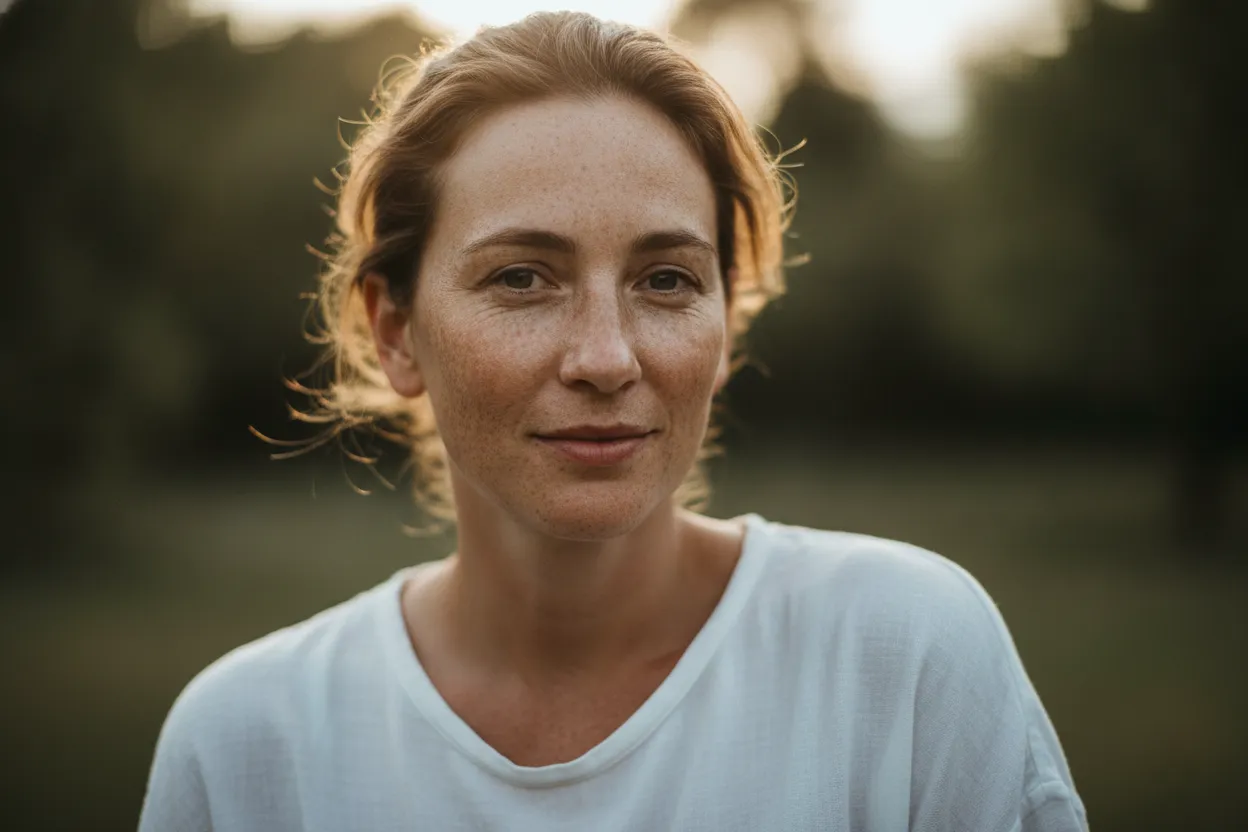 Relaxed person with bare face and visible freckles