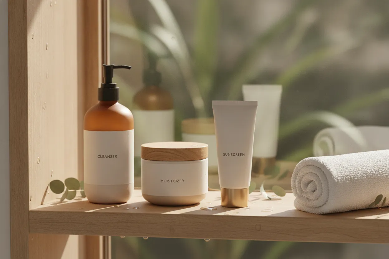 Simple skincare routine on a bathroom shelf