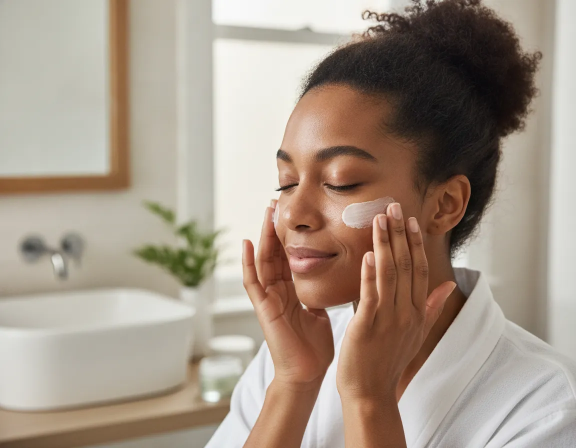 Woman applying moisturizer to her face