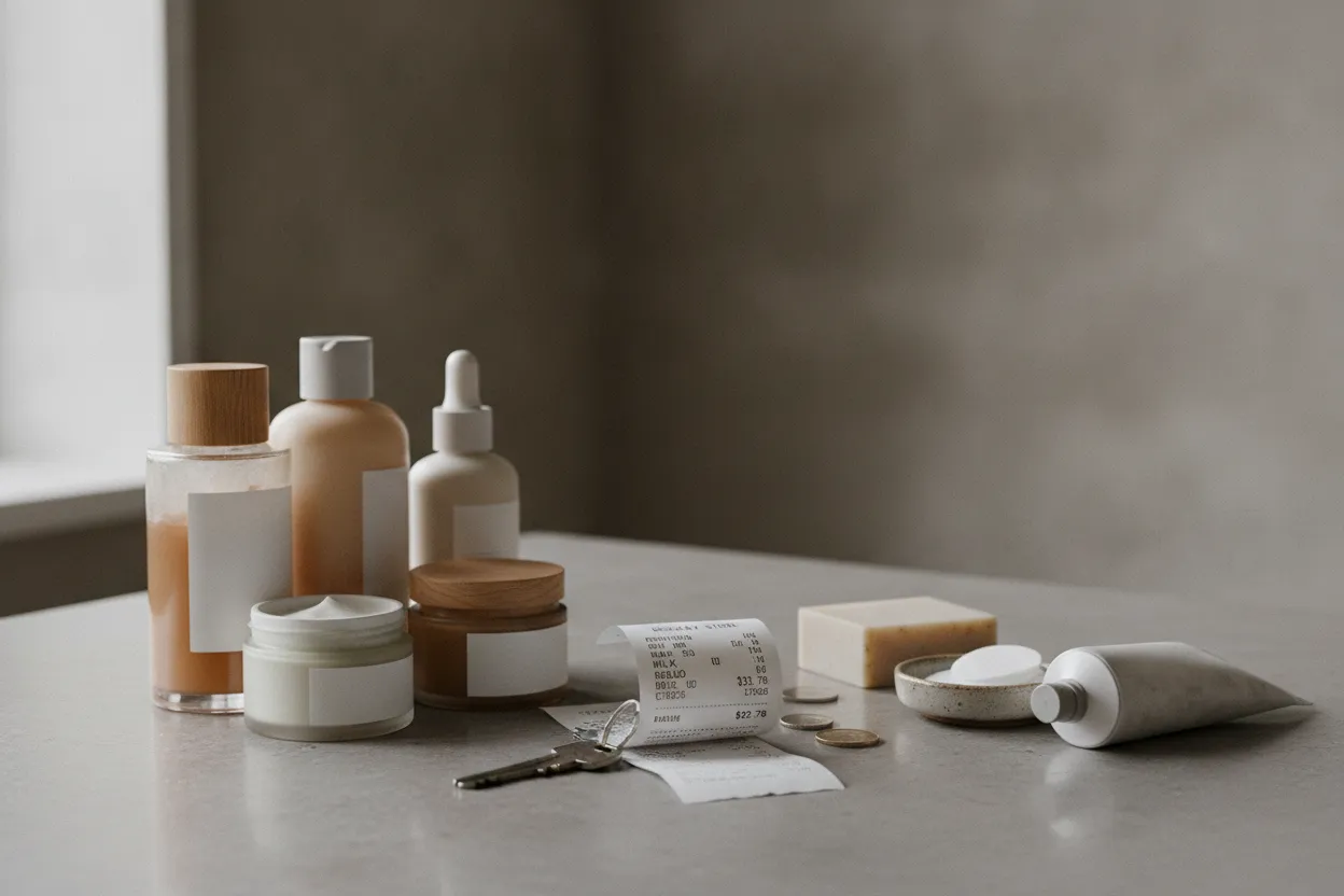 Beauty products arranged beside a price receipt
