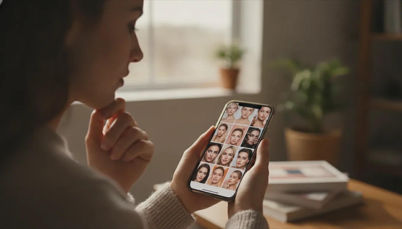 Person viewing filtered beauty images on a phone