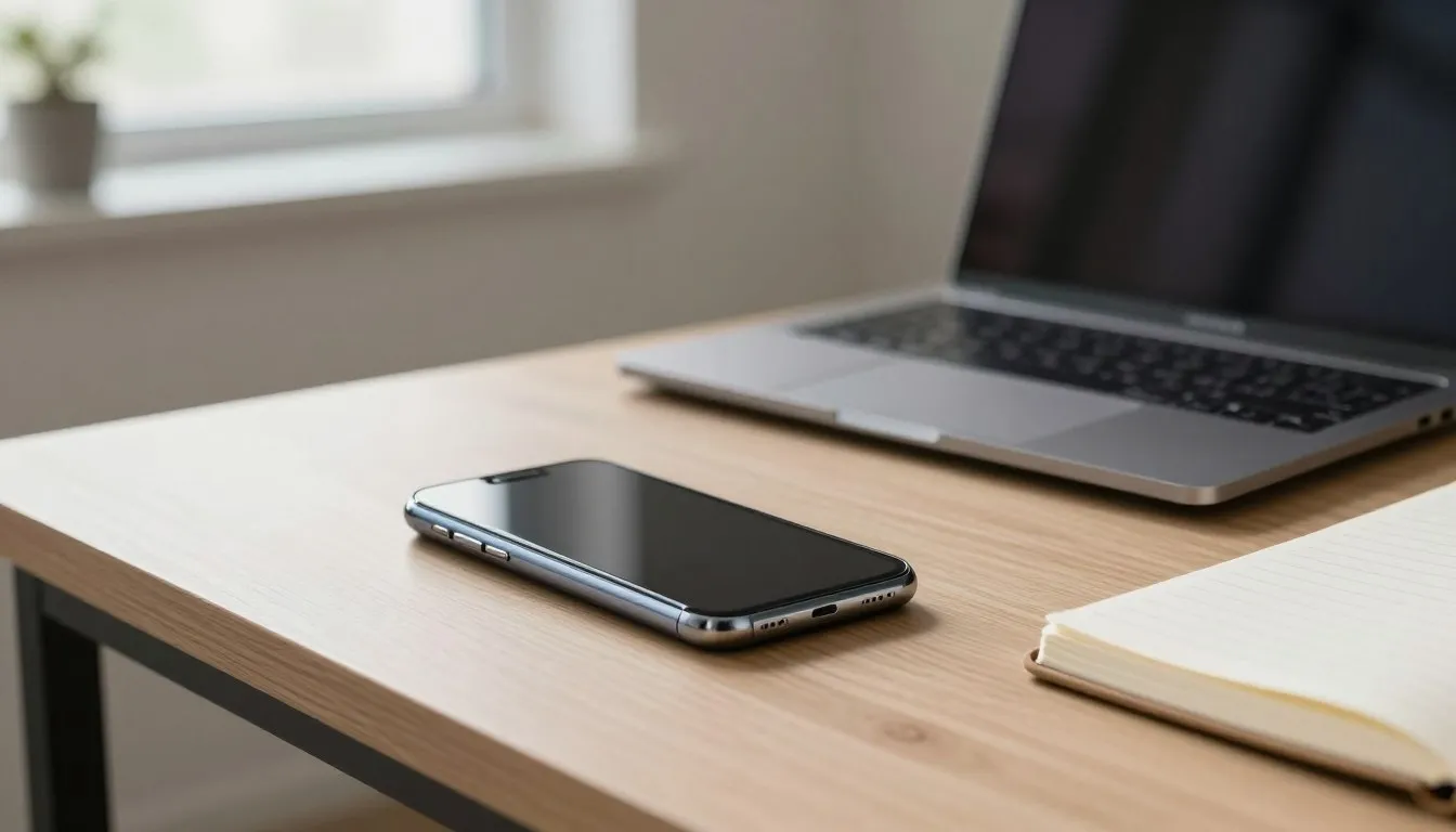 Phone on the table disrupts work beside a laptop
