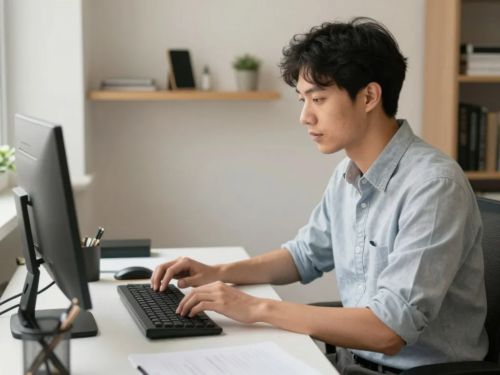 Employee concentrating while a phone rests across the room