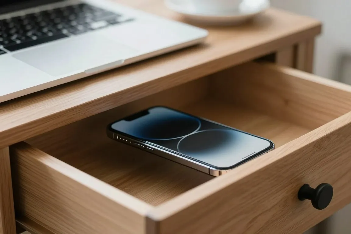 Phone stored in a drawer during focused office work