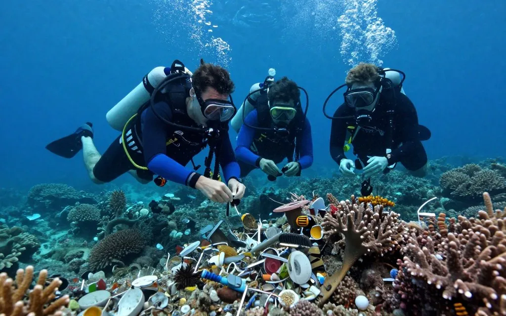 Deep coral reef with plastic waste and marine organisms