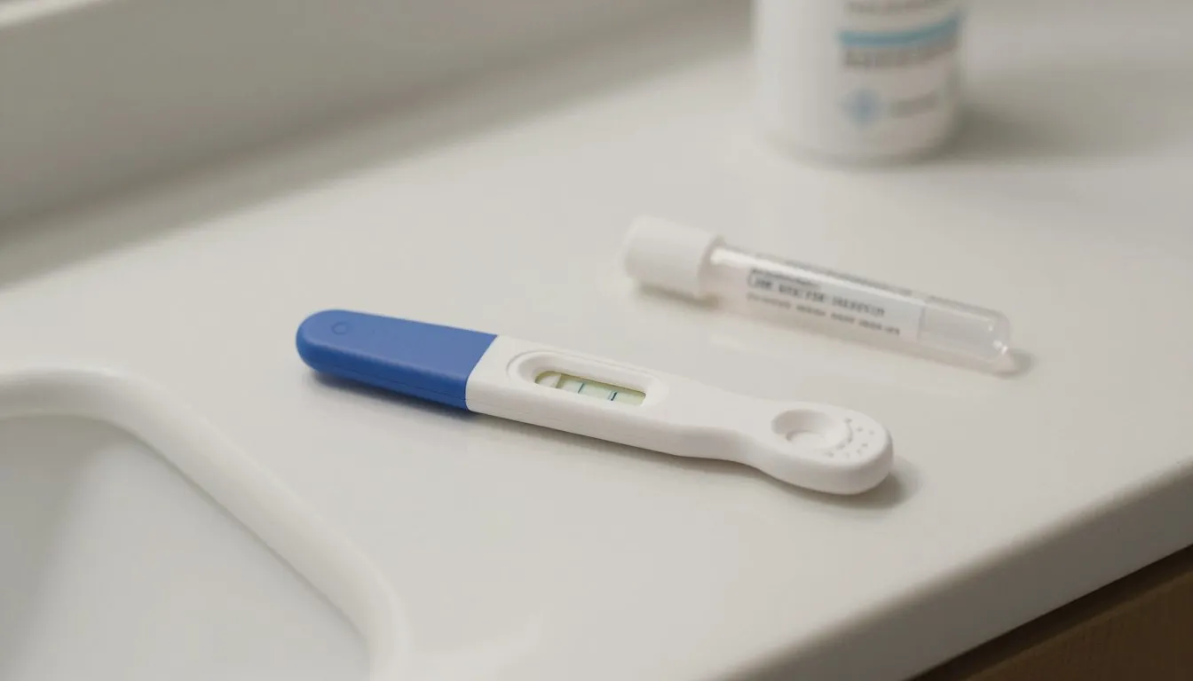 Saliva pregnancy test device beside a sample tube