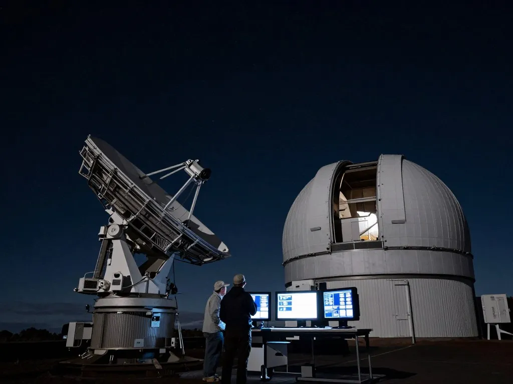Astronomers tracking a small moon with a telescope at Mauna Kea
