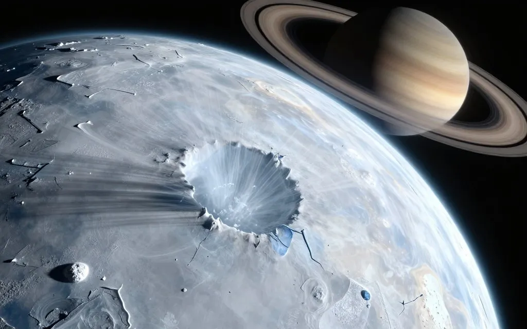 Enceladus south pole water ice plumes near Saturn