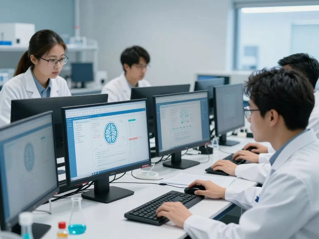 Researchers reviewing brain health data from adult study participants