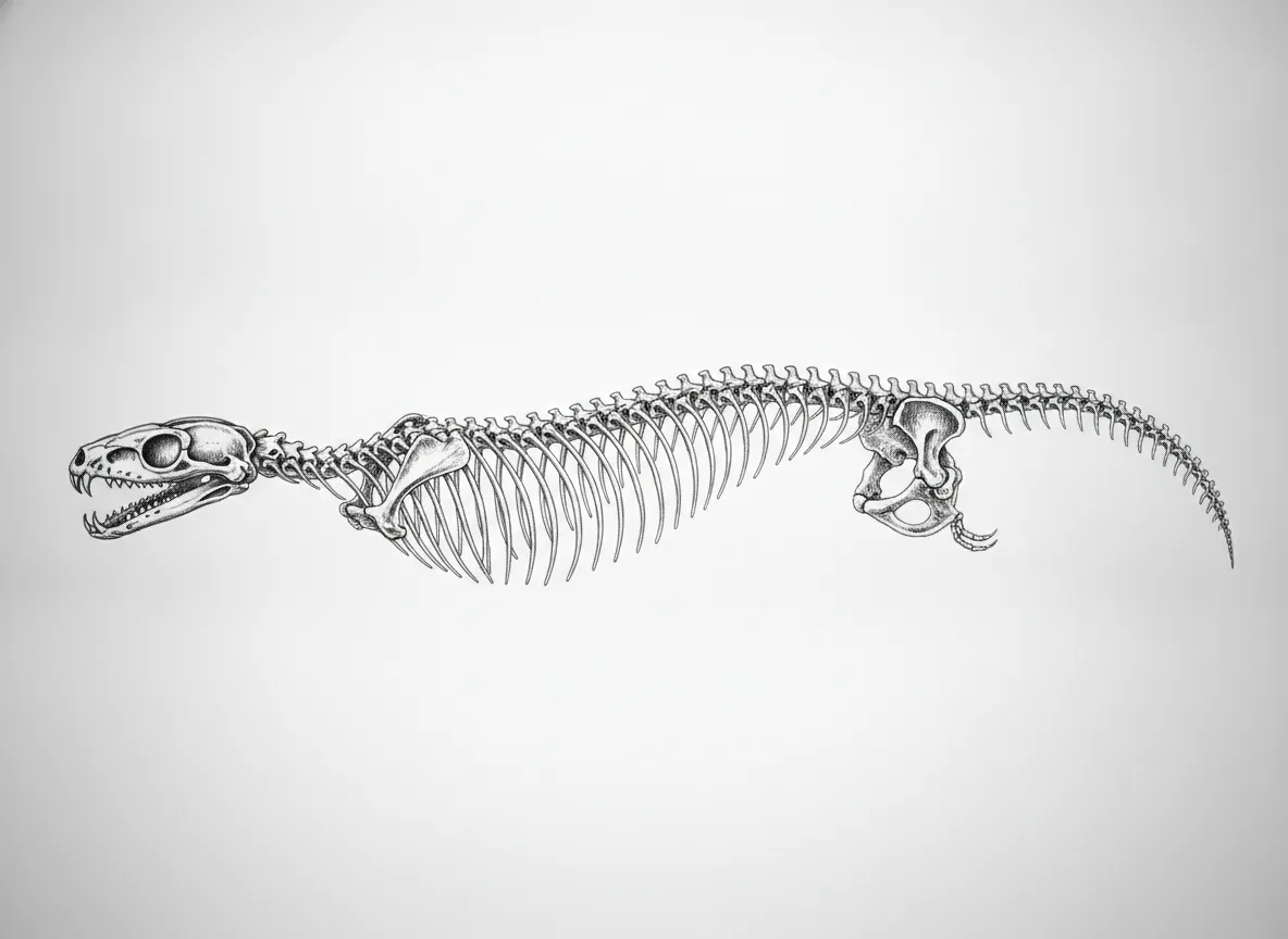 Snake skeleton with an elongated spine and reduced hind limbs