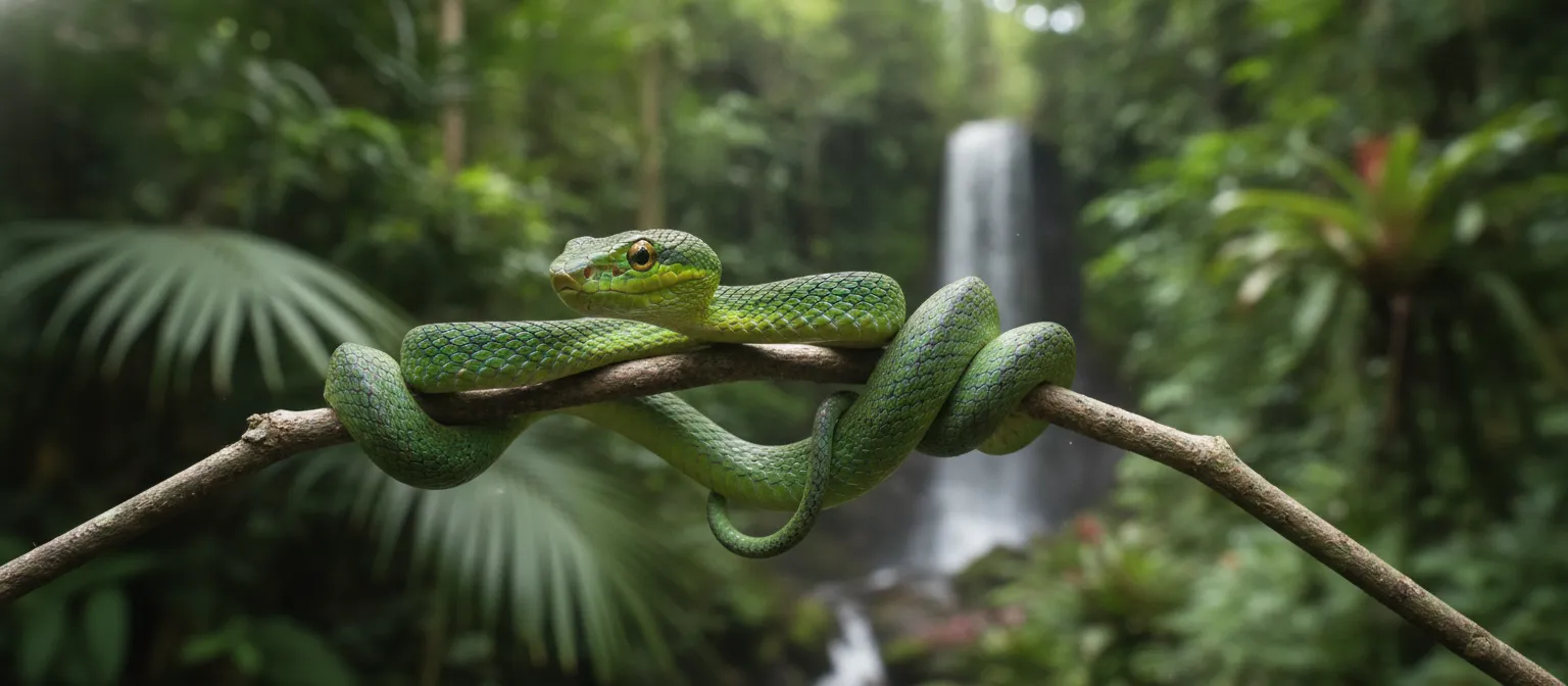 Tree snake using its slender body to move along a branch