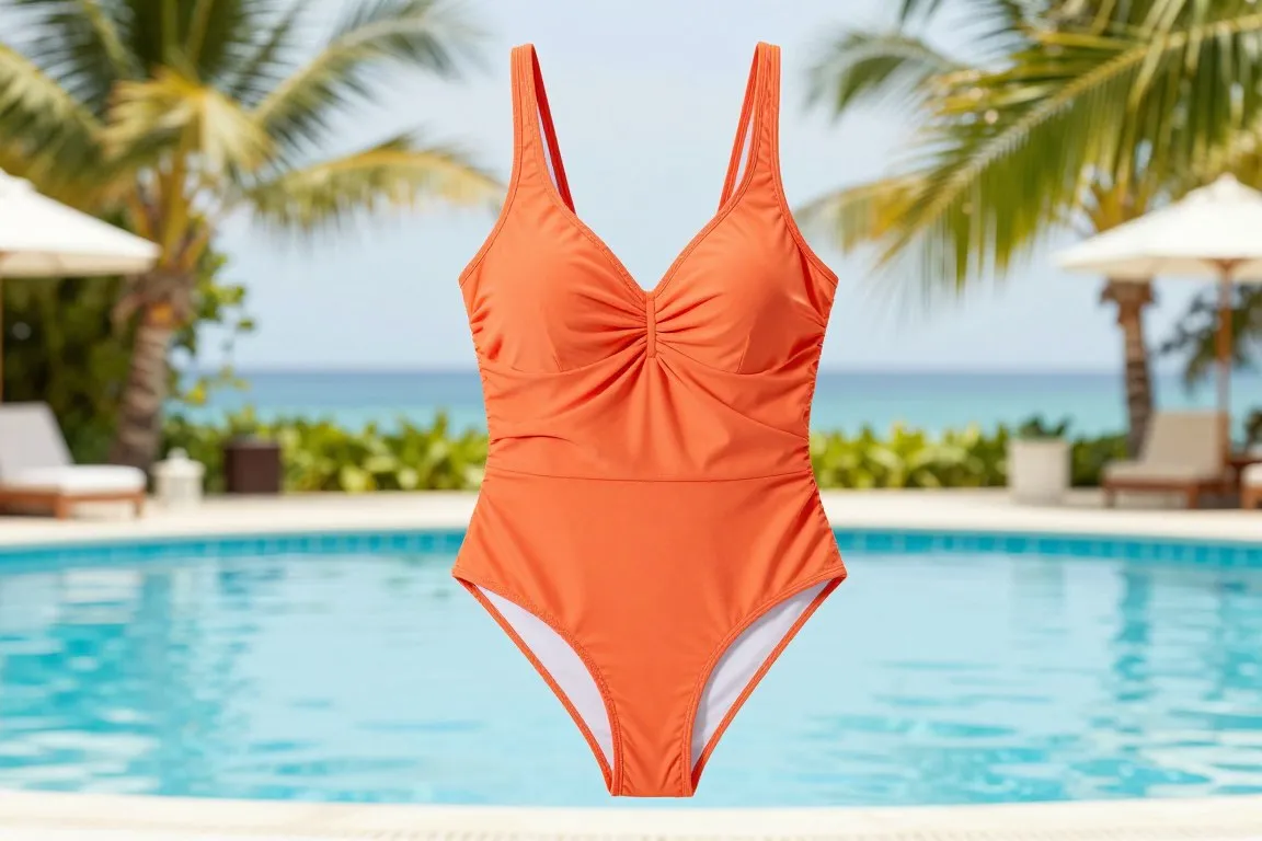 Elegant one-piece swimsuit silhouette with tropical styling