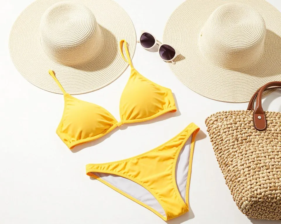 Classic bikini and resort accessories arranged for summer fashion