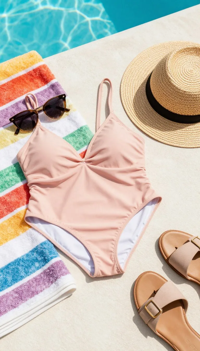 Summer swimwear accessories styled beside a pool