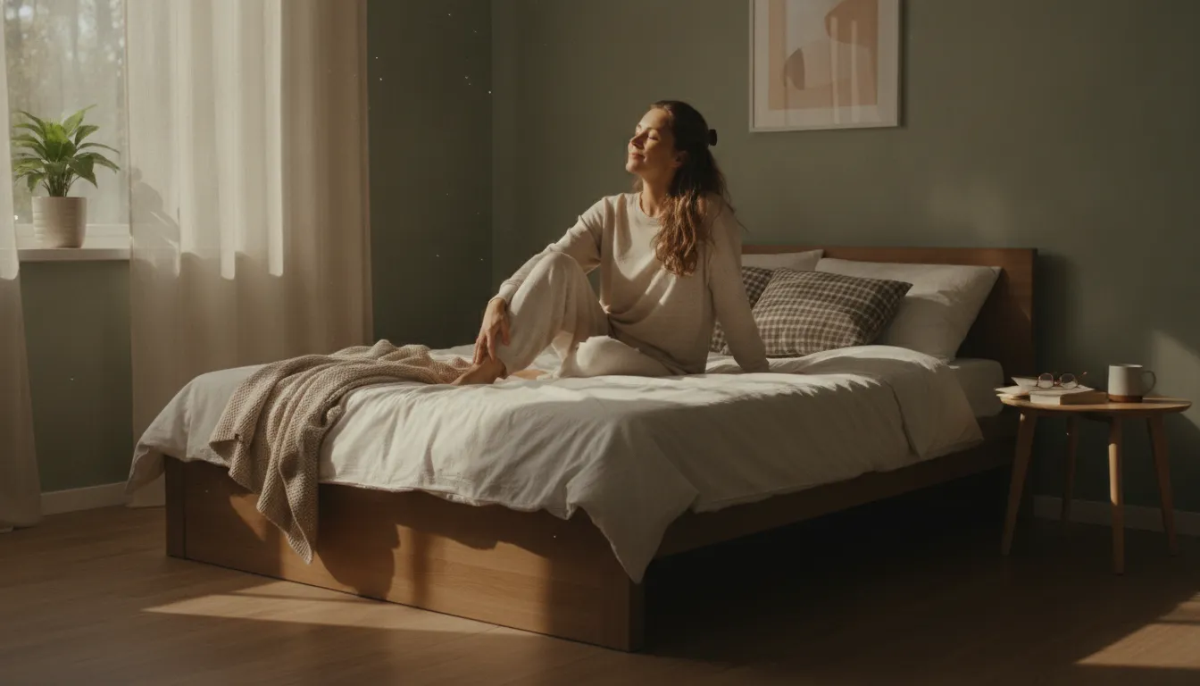 Woman resting in a quiet bedroom after a demanding workday