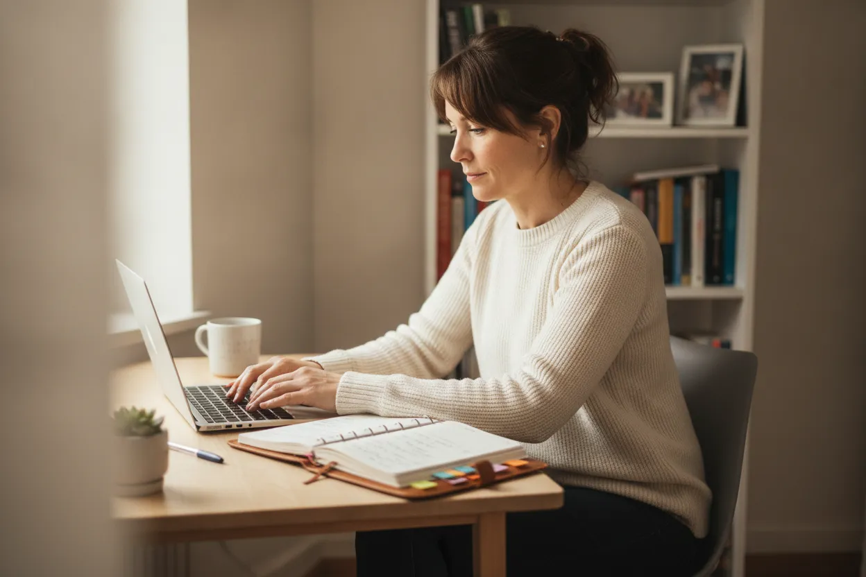 Woman managing a focused work session in a home office