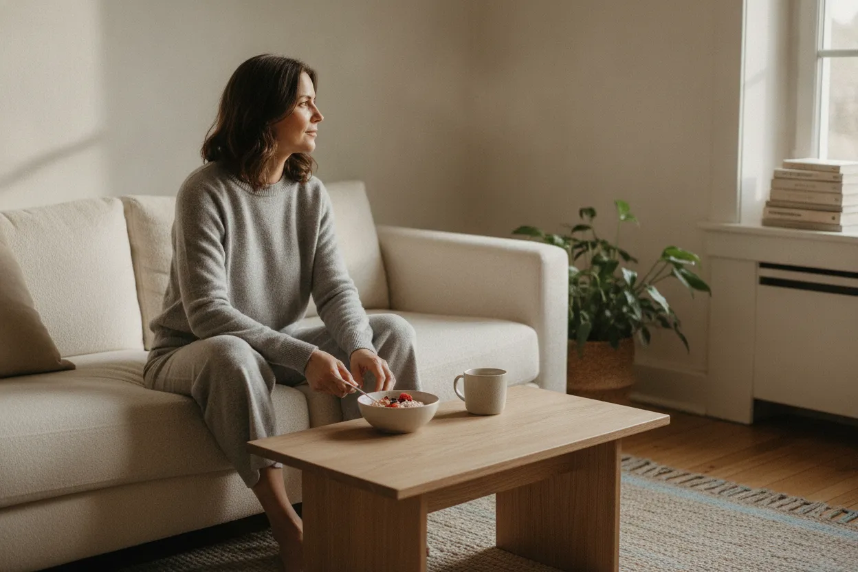 Woman choosing a calm morning routine at home